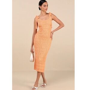 Lulus Adorable Darling Orange Crochet Tie-Strap Midi Dress Size Small